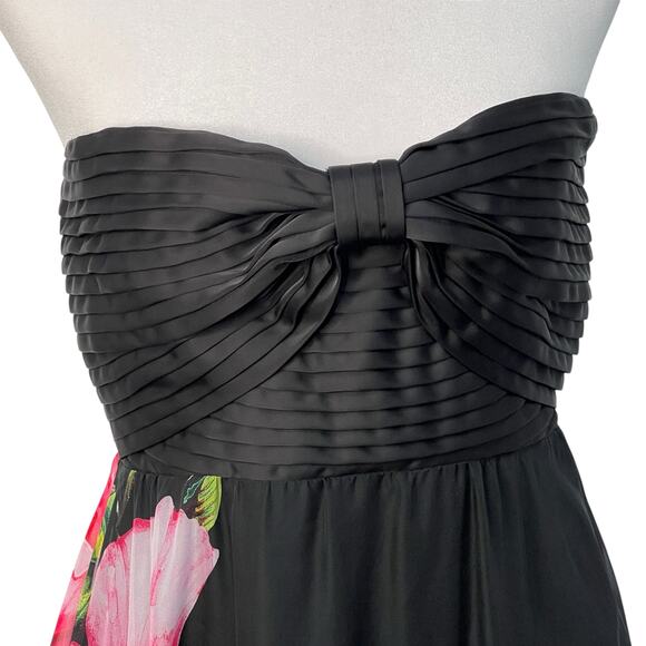 One33 Social Chiffon Strapless Gown Black Floral Pleated Maxi Bow Dress Size 2 - Picture 3 of 16